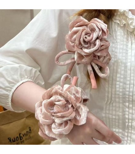 HA255 - Korean Pink Velvet Rose Bow Hair Tie
